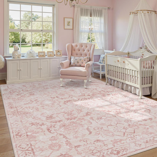 Pink Area Rugs 5x8 for Living Room, Washable Vintage Rugs for Bedroom, Light Pink Throw, Non Slip Carpet for Bedroom Dining Nursery