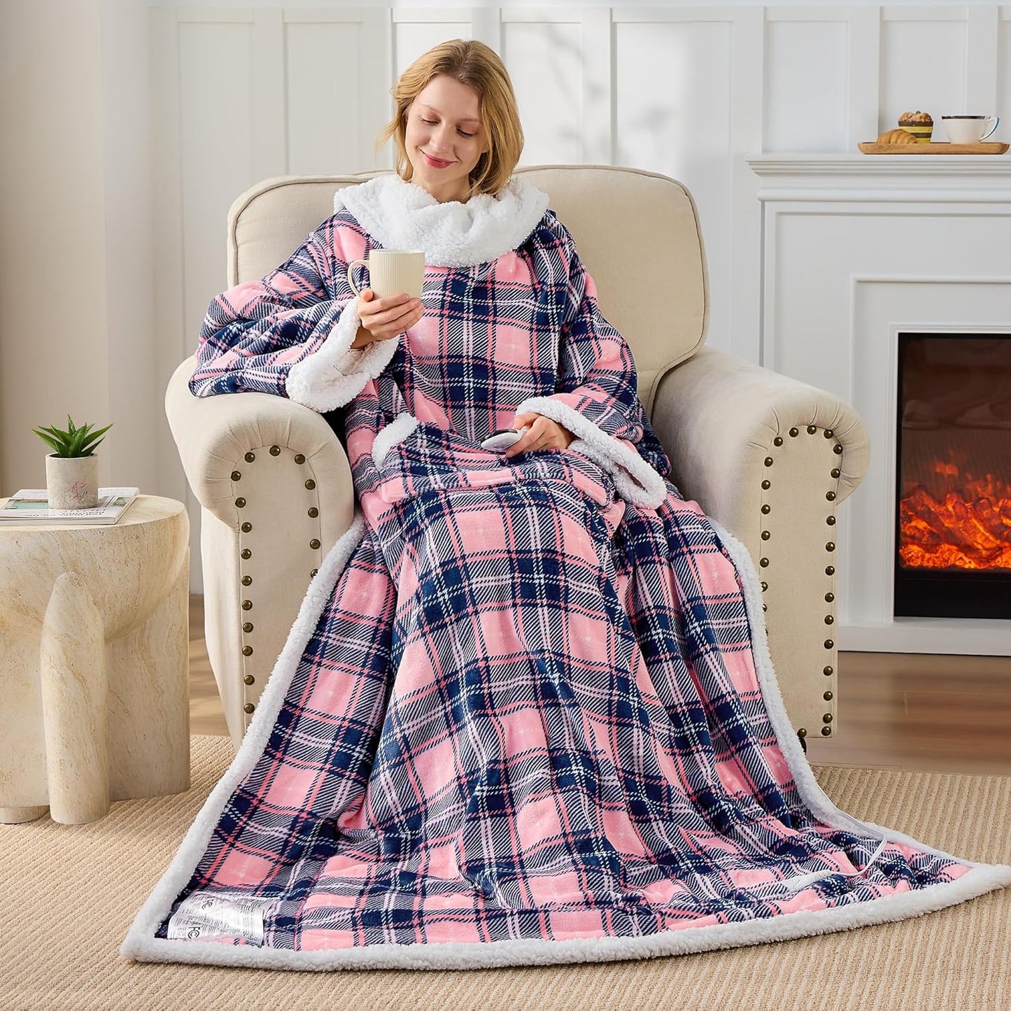 Electric Heated Blanket Wearable Throw with Foot Pocket & Front Pouch – 6 Heat Settings, 4H Auto-Off, Reversible Flannel & Sherpa, Oversized 52"x72" Heated Blanket for Bed or Couch, Pink Plaid