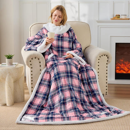 Electric Heated Blanket Wearable Throw with Foot Pocket & Front Pouch – 6 Heat Settings, 4H Auto-Off, Reversible Flannel & Sherpa, Oversized 52"x72" Heated Blanket for Bed or Couch, Pink Plaid
