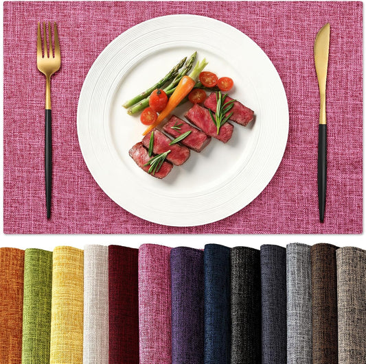 KXN Placemats Set of 8, Dual-Layer Thickened Faux Linen Table Mats, Heat Resistant & Wrinkle-Free, Machine Washable Cloth Place Mats for Kitchen Dining Indoor Outdoor (Pink)