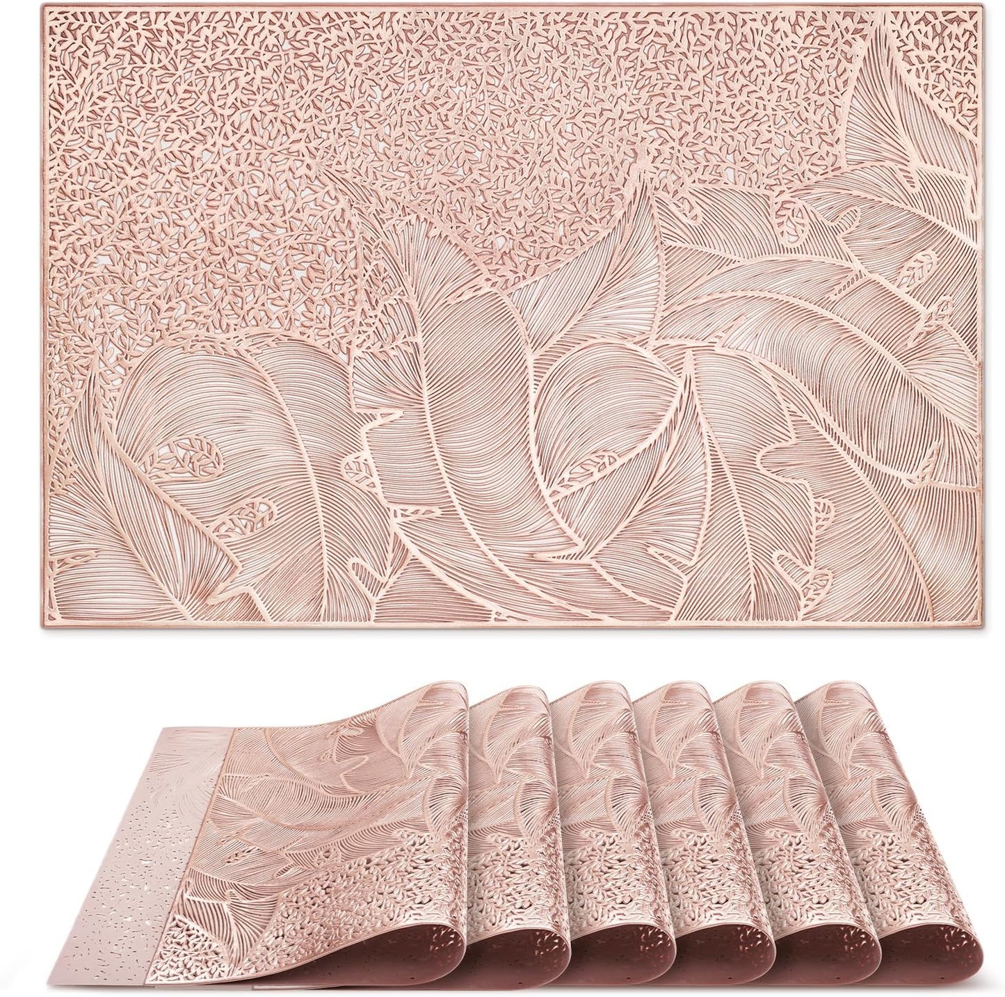 fanquare Rose Gold Leaf Pattern Rectangle Placemats, Set of 6, 18" x 12" Vinyl Hollow Out Metallic Table Mats for Dining Kitchen Home