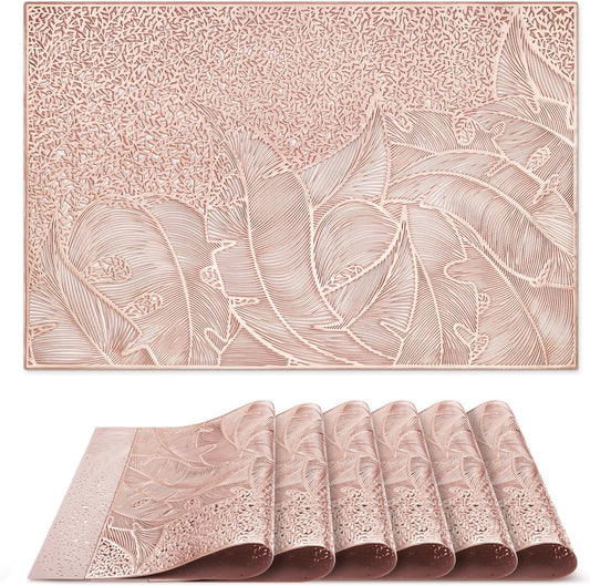 fanquare Rose Gold Leaf Pattern Rectangle Placemats, Set of 6, 18" x 12" Vinyl Hollow Out Metallic Table Mats for Dining Kitchen Home