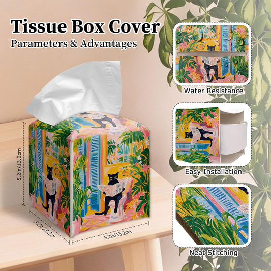 Vintage Black Cat Reading Newspaper Tissue Box Cover Square, Retro Cube Pink Decorative Tissue Box Cover, 5.2 Inch.(034)