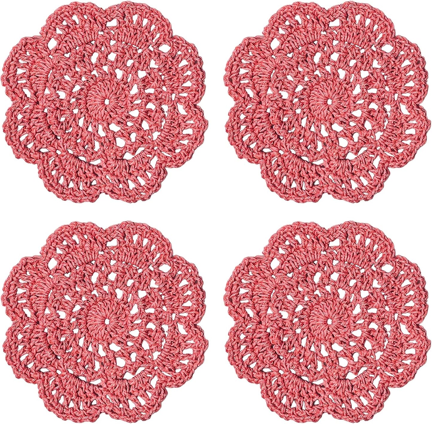 Phantomon Lace Round Crochet Doilies Handmade Coasters, 4-Inch, Pack of 4 (Pink)