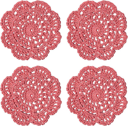 Phantomon Lace Round Crochet Doilies Handmade Coasters, 4-Inch, Pack of 4 (Pink)