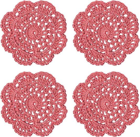 Phantomon Lace Round Crochet Doilies Handmade Coasters, 4-Inch, Pack of 4 (Pink)