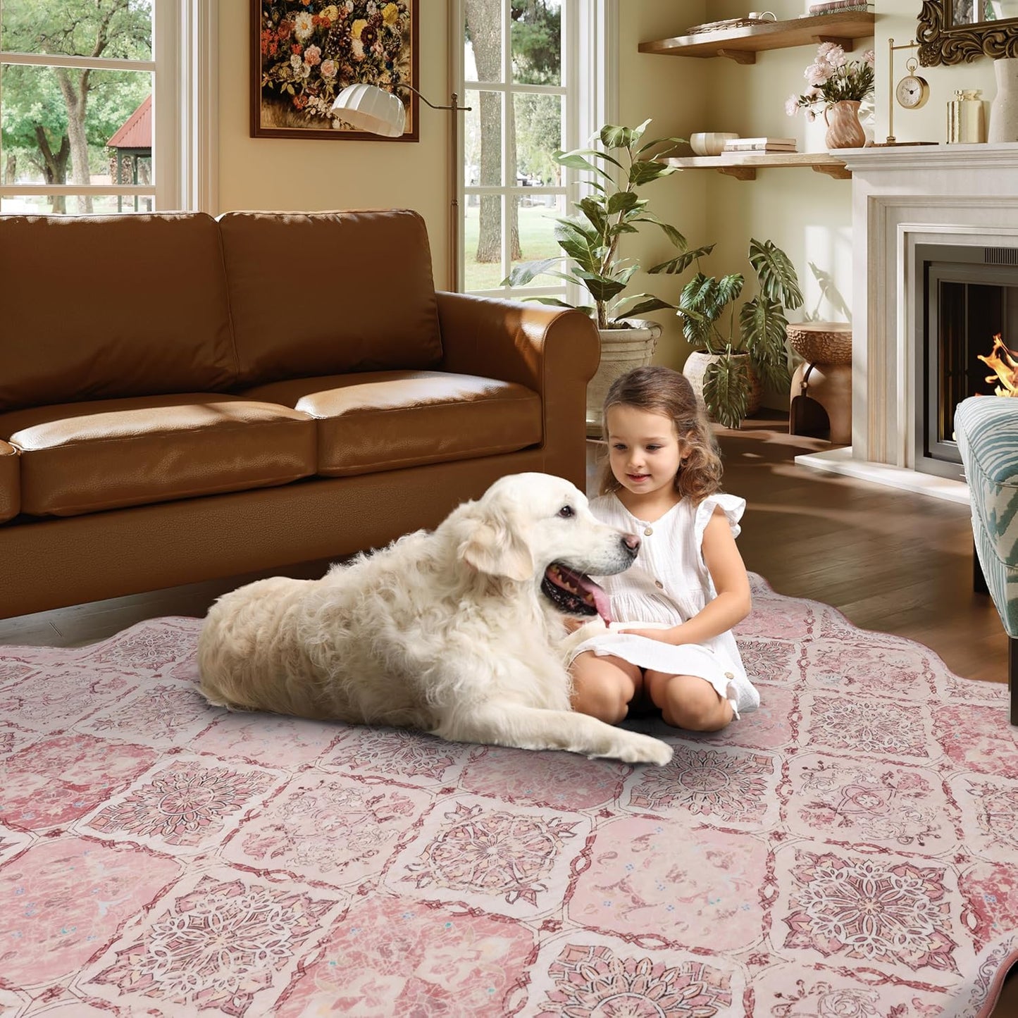 Moroccan 3x5 Area Rug, Unique Scalloped Ultra-Thin Soft Washable Rug, Non-Slip Stain Resistant Lightweight Low-Pile Carpet for Living Room Bedroom Dining Room Office (Pink)