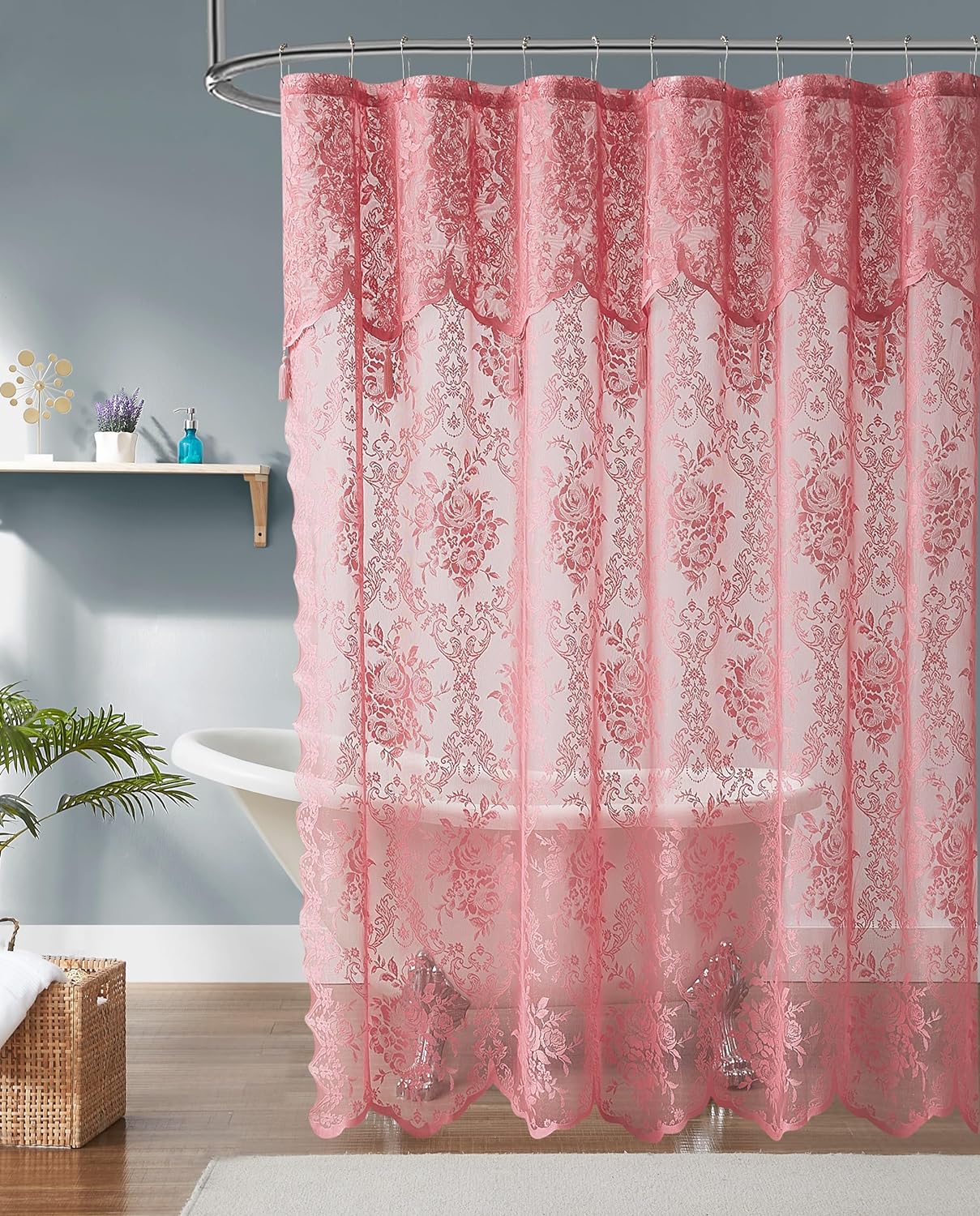 Warm Home Designs Rose Pink Lace Shower Curtain 72 x 72 with Attached Valance & 7 Tassels. Luxury Farmhouse Shower Curtains for The Bathroom or Boho Shower Curtains for Bathroom. LA Rose 72"