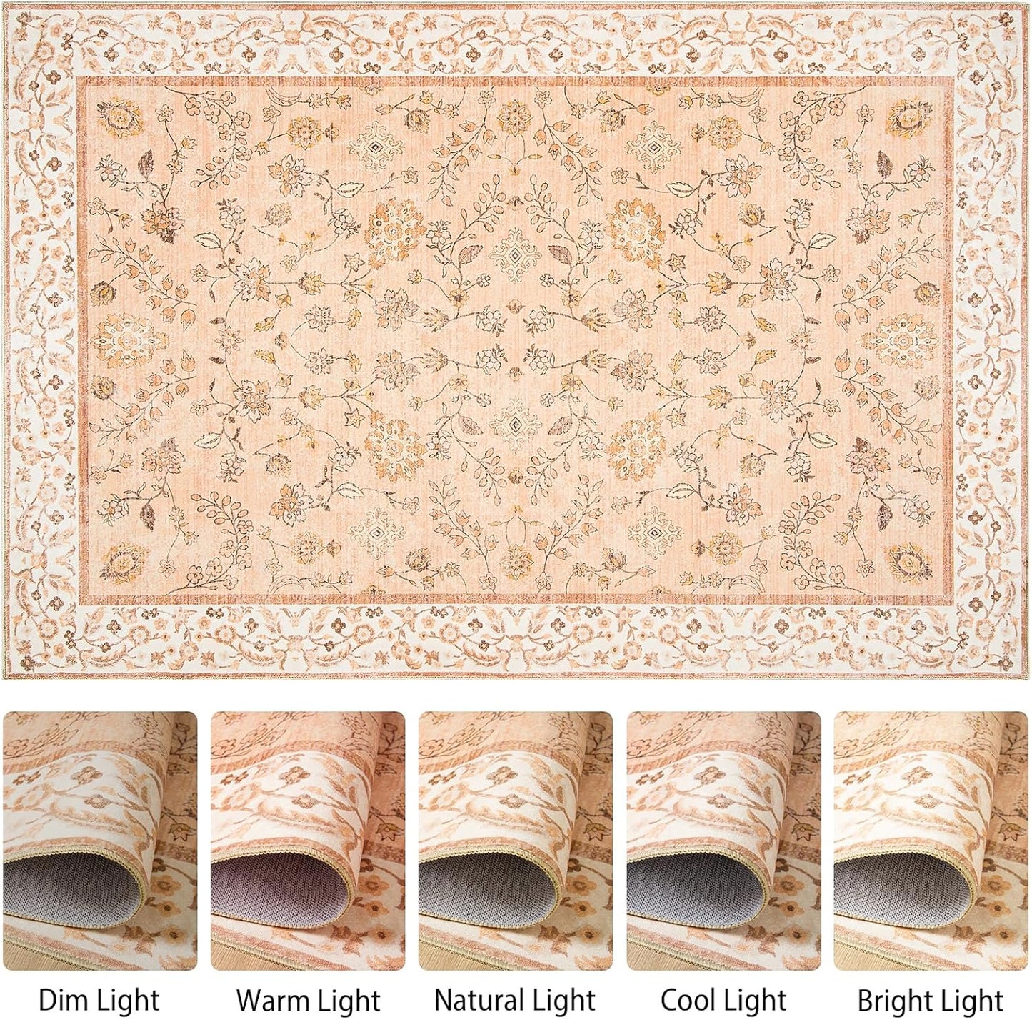 Goideal Peach Rug for Girls Room, 5x7 Floral Washable Area Rug Non Slip, Boho Low Pile Carpet with Rubber Backing for Bedroom Living Room Bathroom Playroom Nursery Office