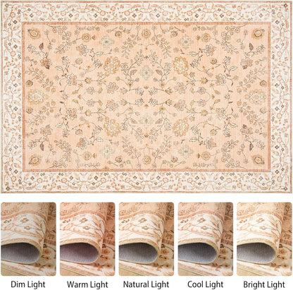 Goideal Peach Rug for Girls Room, 5x7 Floral Washable Area Rug Non Slip, Boho Low Pile Carpet with Rubber Backing for Bedroom Living Room Bathroom Playroom Nursery Office