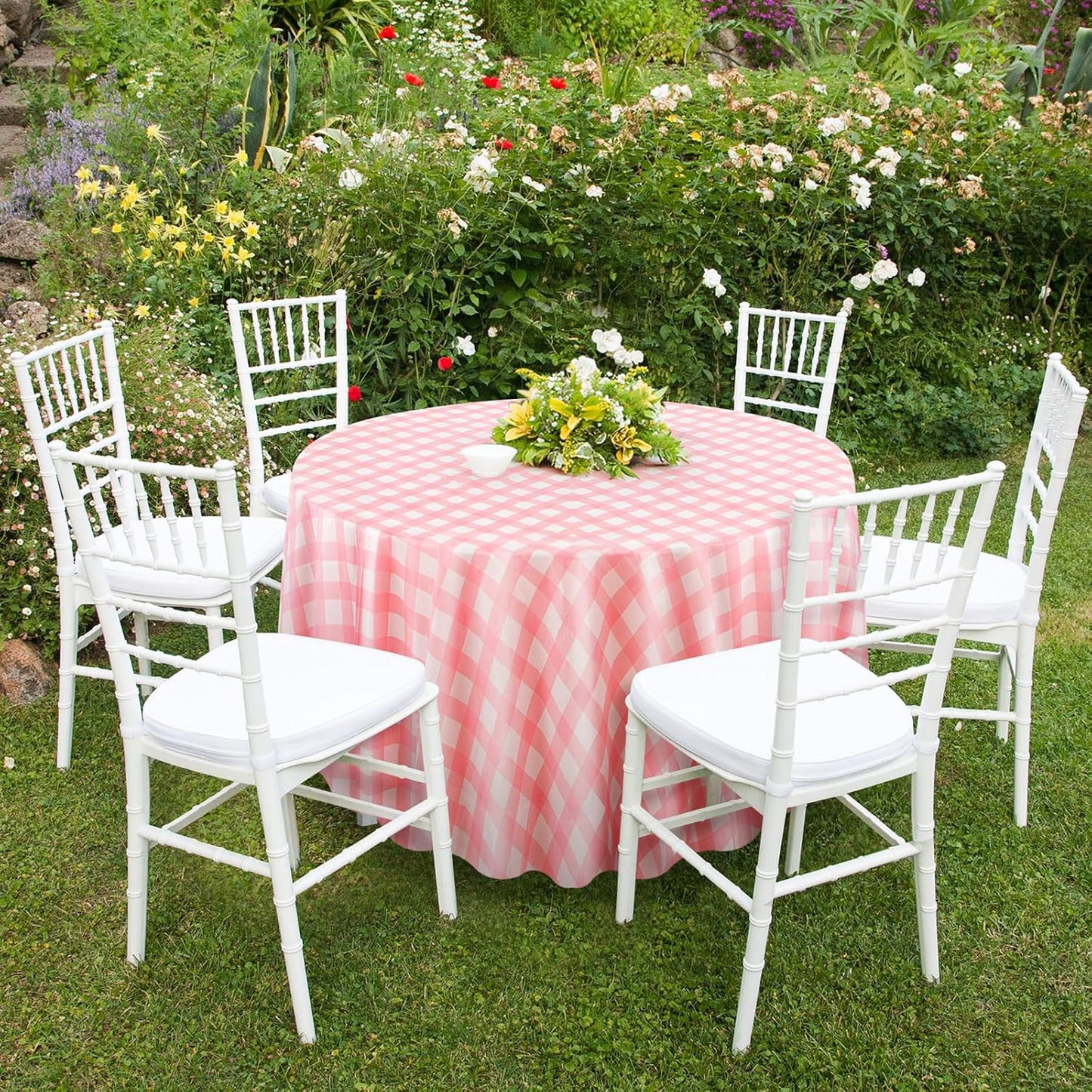 12 Pcs Pink Plastic Disposable Round Gingham Tablecloth, 84 in Checkered Buffalo Plaid Round Table Cloth Circle Table Cover, Heavy Duty, Easy to Clean for Baby Shower Wedding Bridal Birthday Party
