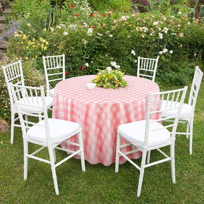 12 Pcs Pink Plastic Disposable Round Gingham Tablecloth, 84 in Checkered Buffalo Plaid Round Table Cloth Circle Table Cover, Heavy Duty, Easy to Clean for Baby Shower Wedding Bridal Birthday Party