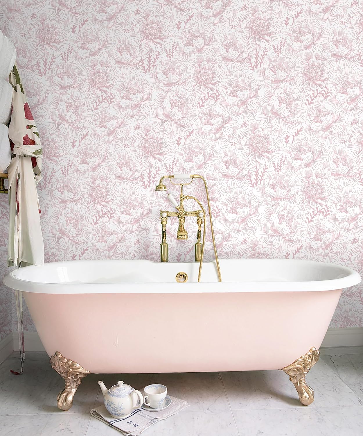 Guvana 17.3in×118in Floral Peel and Stick Wallpaper Boho Contact Paper Pink and White Wall Paper Modern Removable Wallpaper for Bedroom Bathroom Nursery Mural Wall Self Adhesive Waterproof Vinyl Roll