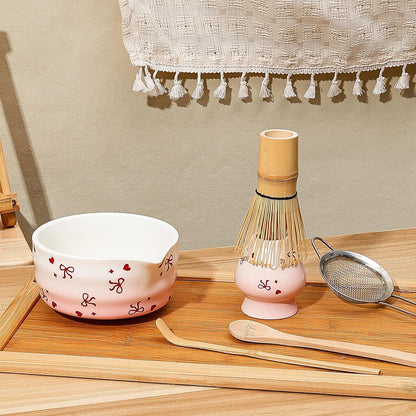 Koythin 6-Piece Ceramic Matcha Whisk Set, Cute Bow-Heart Matcha Bowl Set for Ceremony Tea-Lovers, Unique Tea Making Kit with Whisk Holder Scoop Two Bowls (Gradient Pink White)