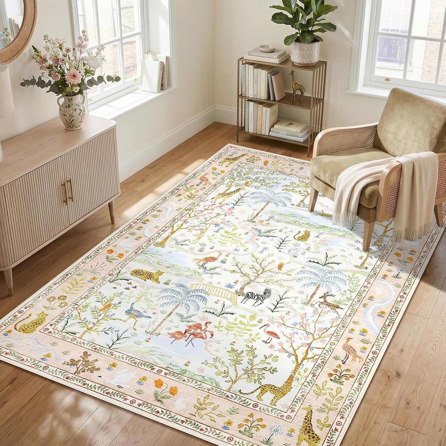 Washable Area Rug 5x7 Blush Animal Print Rugs for Nursery Non Slip Stain Resistant Forest Fairy Tale Throw Carpet Low Pile Whimsical Safari Area Rugs for Entryway Girls Bedroom Dining Room, PeachBlush