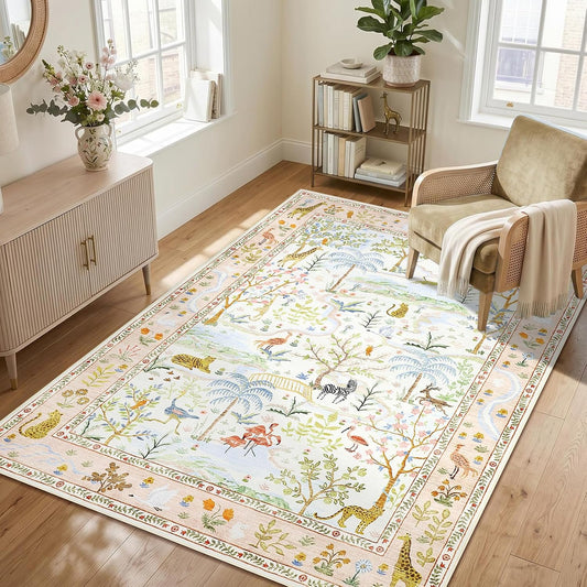 4x6 Whimsical Safari Nursery Area Rug Washable Non Slip Small Living Room Rugs Low Pile Animal Print Girs Bedroom Blush Throw Carpet Forest Fairy Tale Area Rugs for Entry Kids Room, Peach Blush