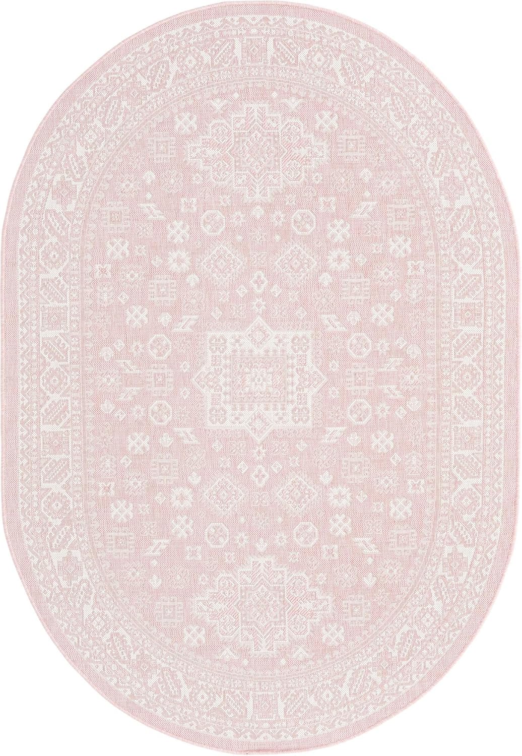 Rugs.com - Outdoor Aztec Rug – 5' 3 x 8' Oval Pink Washable Indoor/Outdoor Rug – Perfect for Patios, Decks, and Porches