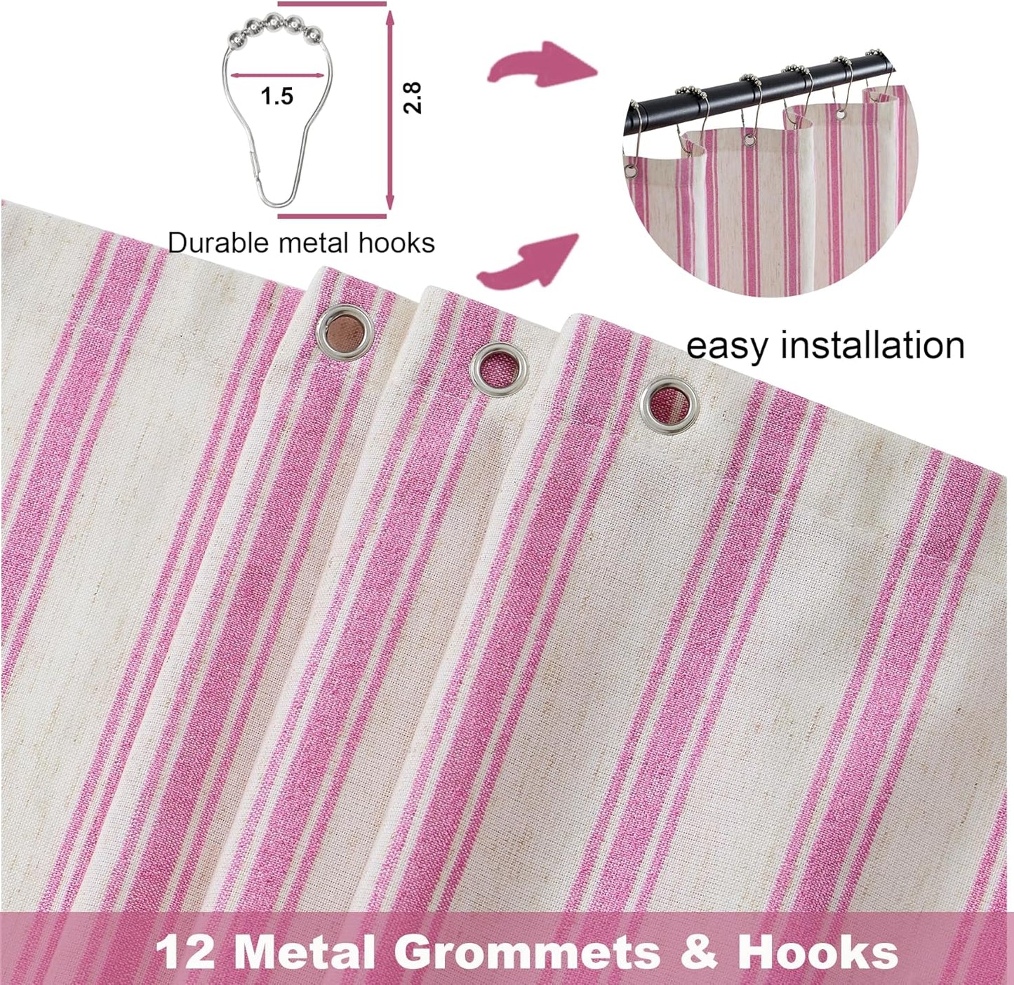 PROCIDA Pink Shower Curtain-Wider Striped, 72x72 Inch Yarn Dyed Linen Blend Cloth Fabric Bathroom Curtain with 12 Metal Hooks, Bath Curtain for Modern Farmhouse Bathrooms