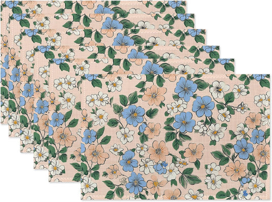 Cute Blue Pink Flowers Table Mats Set of 6,Non-Slip Washable Placemats for Restaurant Home Kitchen Dinner Table 12x18Inch