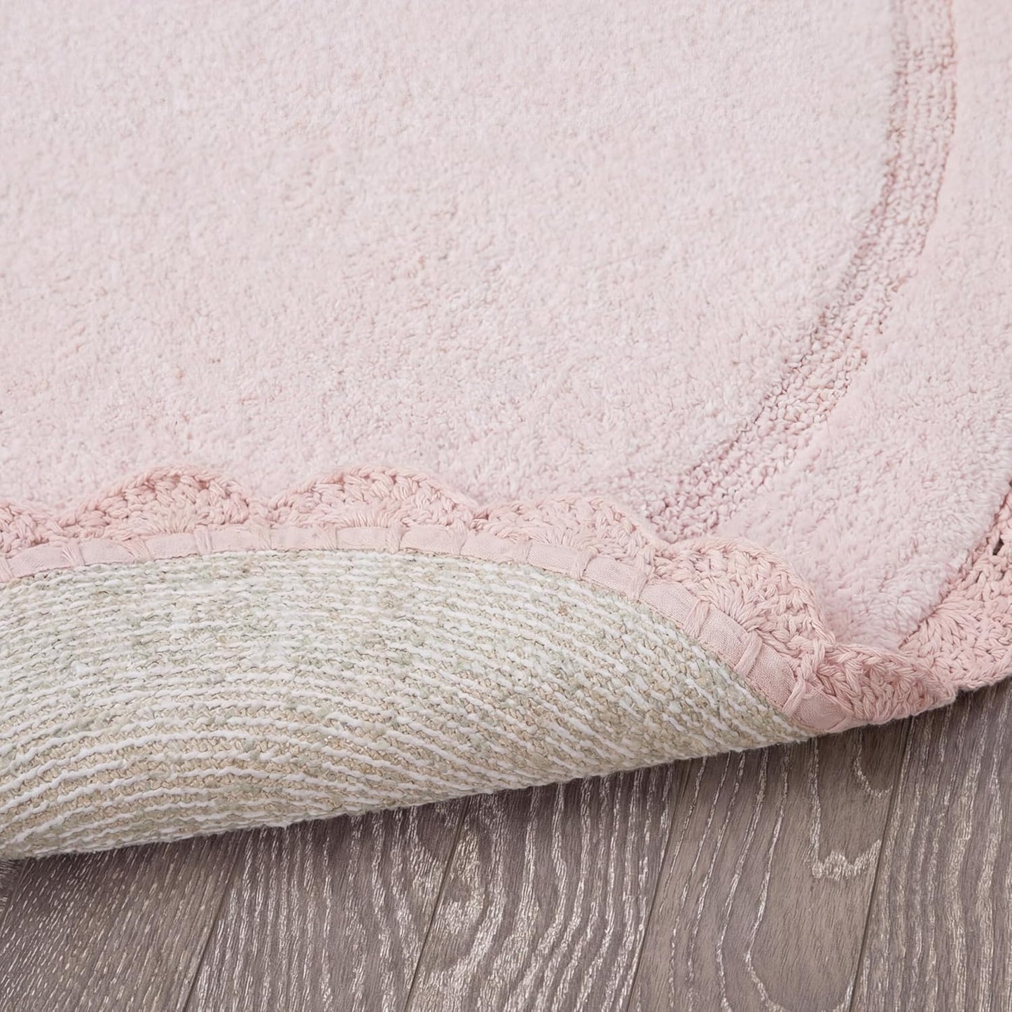 Laura Ashley Eloise 100% Cotton Oval Bath Mat with Crochet Border, Soft & Absorbent, Light Pink 21" x 34" Bathroom Rug