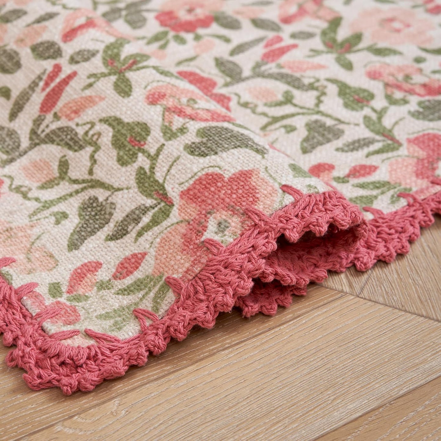 Laura Ashley Cotton Crochet Border Sherston Coral Pink Floral Machine Washable & Slip Resistant 26" x 45" Accent Rug