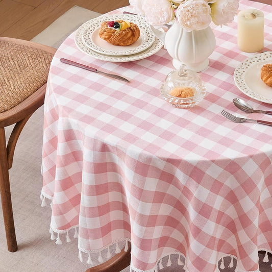 JIALE Gingham Round 60" Tablecloth Rectangle Cotton Linen Fabric Checkered Table Cloth with Tassel Washable Wrinkle Free Buffalo Plaid Table Cover for Birthday Party Picnic Outdoor, Pink
