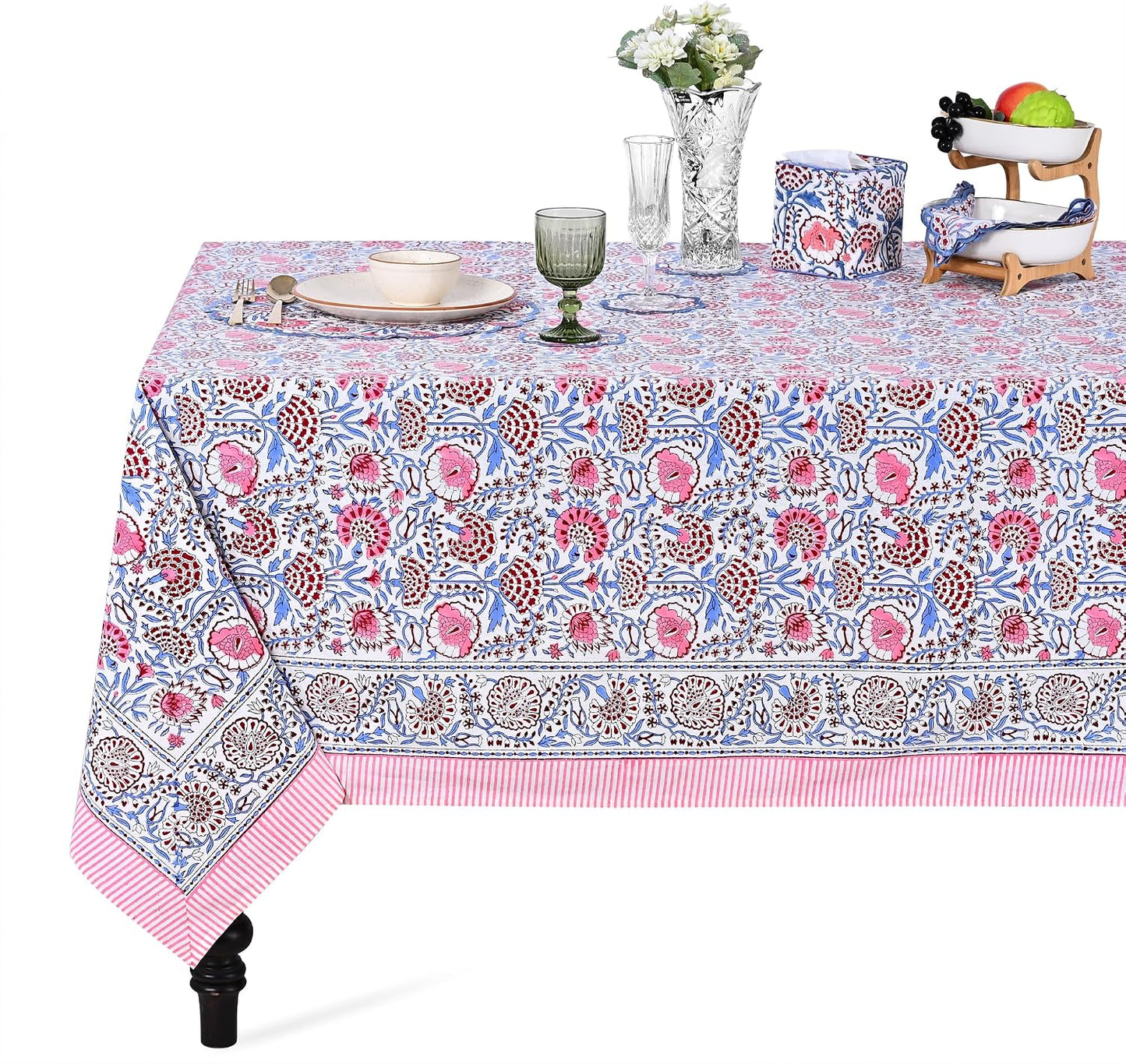 Ridhi Pigeon Blue and Flamingo Pink Hand Block Print Cotton Rectangle Tablecloth 60" x 60" inches Reusable Table Cover Decorative Everyday Use for Dining Room, Farmhouse, Gift Spring, Mother's Day