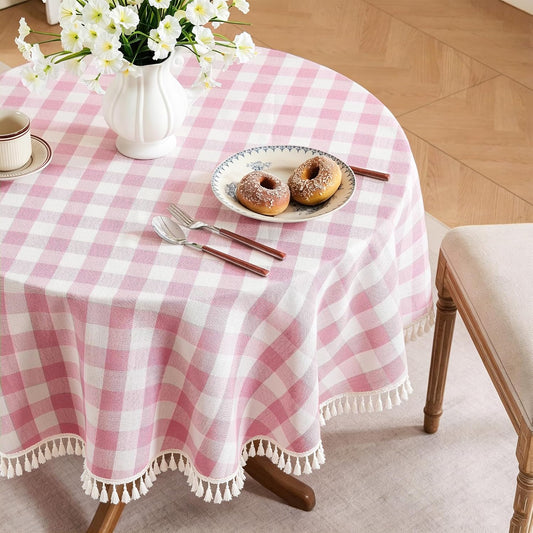 Checkered Tablecloth, Cotton Linen Gingham Table Cloth for Round Table with Tassel, Washable Heavy Duty Wrinkle Free Plaid Table Cover for Dining Picnic Camping, Pink, 60 X 60 Inch