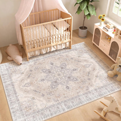 4x6 Bedroom Rug, Soft Non-Slip Vintage Medallion Rug, Low-Pile Printed Indoor 4x6 Washable Area Rugs for Living Room, Bedroom Bedside -Light Blush/Cream