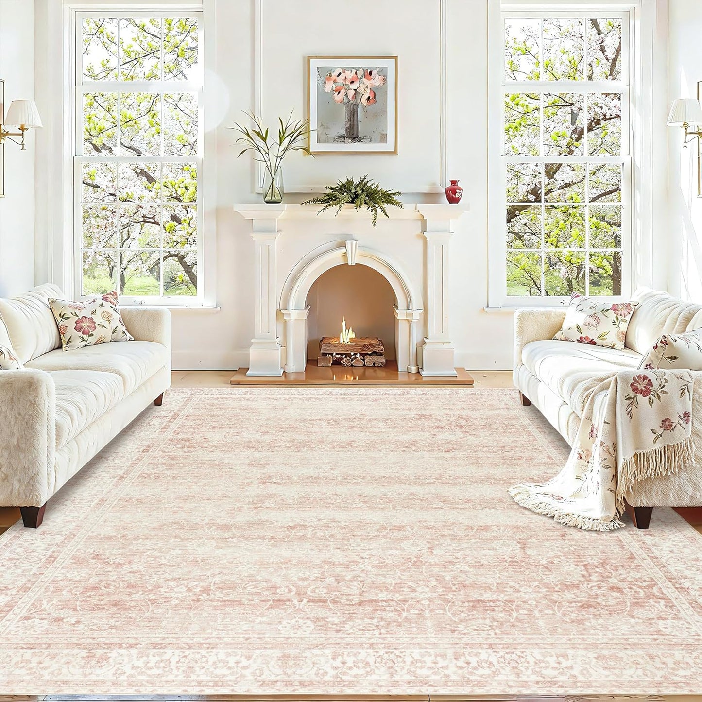 Pink Area Rug for Living Room Low Pile Soft 8 x 10 Carpet with Non Slip Washable Neutral Boho Floral Rugs for Hardwood Floor Protector Extra Large Area Rugs 8x10 for Big Nursery Bedroom Livingroom