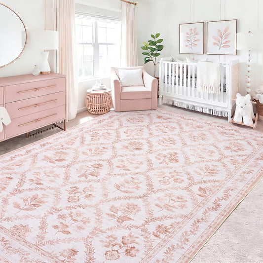 Pink Rugs for Bedroom Boho Light Blush Pink Floral Area Rugs Nursery for Baby Girl, Cute Foldable Machine Washable Distressed Carpet for Living Room Bedroom Dorm Kids Playroom 5x7