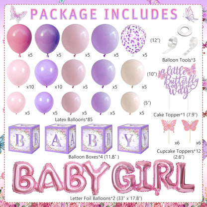 TREWAVE Butterfly Baby Shower Decorations for Girls A Little Butterfly Is On The Way Party Backdrop Cake Toppers Stickers Pink Purple Balloons Boxes for Girl Birthday Baby Shower Decor