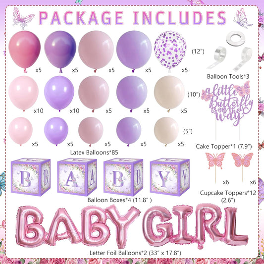 TREWAVE Butterfly Baby Shower Decorations for Girls A Little Butterfly Is On The Way Party Backdrop Cake Toppers Stickers Pink Purple Balloons Boxes for Girl Birthday Baby Shower Decor
