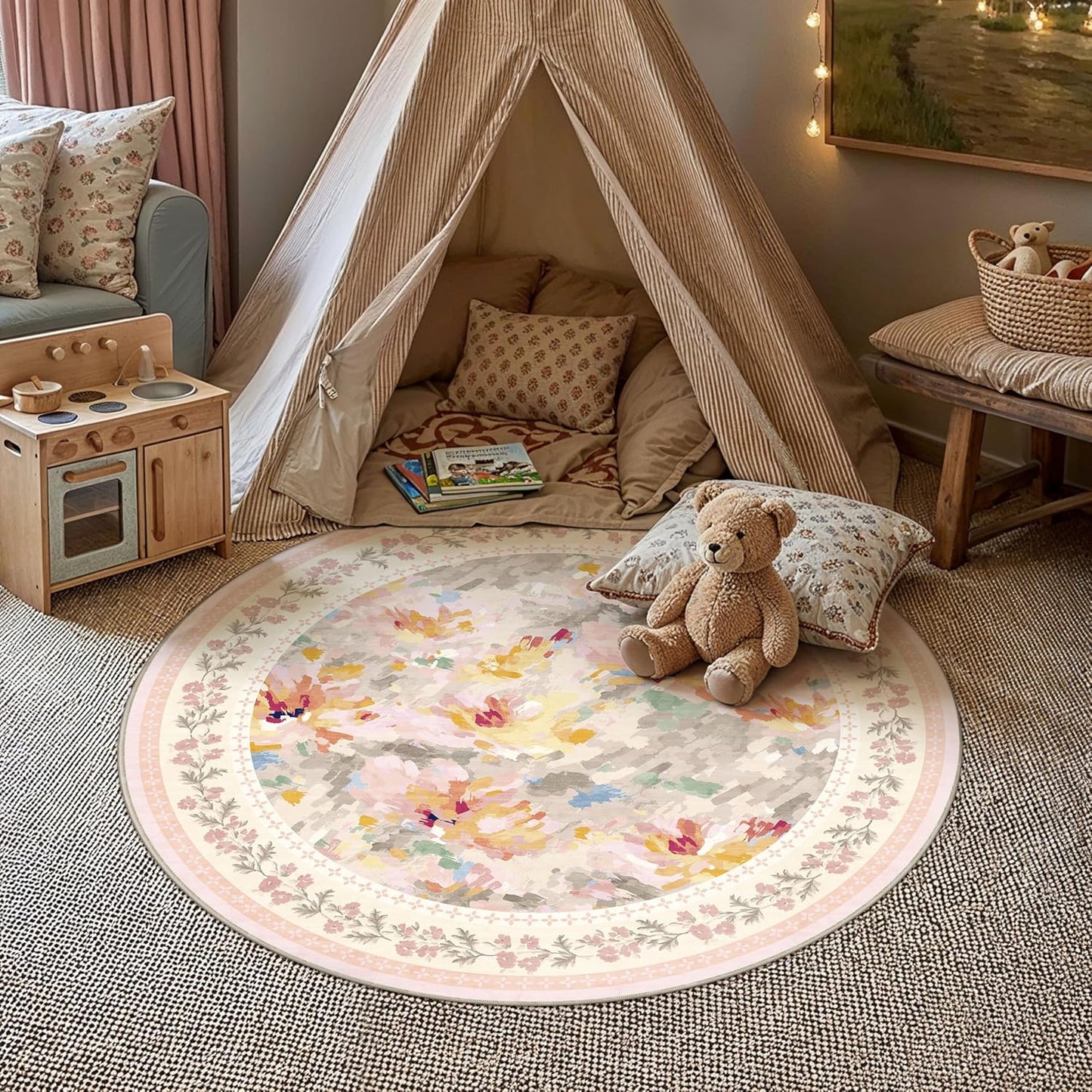 3x3 Washable Area Rug for Entryway Beige Pink Floral Abstract Soft Throw Rug Modern Non Slip Low Pile Small Carpet for Kitchen Bathroom Living Room Bedroom