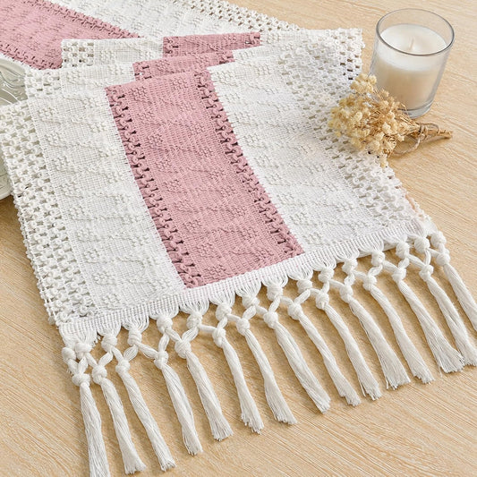 FEXIA Boho Table Runner Summer Home Decor with Tassels 72 Inches Long Pink Farmhouse Rustic Table Runner Burlap Centerpieces for Tables Decoration for Living Room (12x72 Inches)