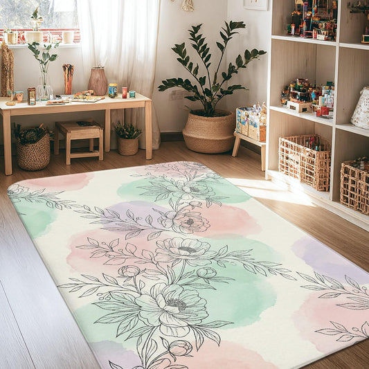 Flowers Area Rug, Elegant Modern Leaves Watercolor Spring Pastel Peach Non-Slip Indoor Rectangle Carpet Non Shedding Rugs for Living Room Bedroom New Home Dining Decor 4' X 6'