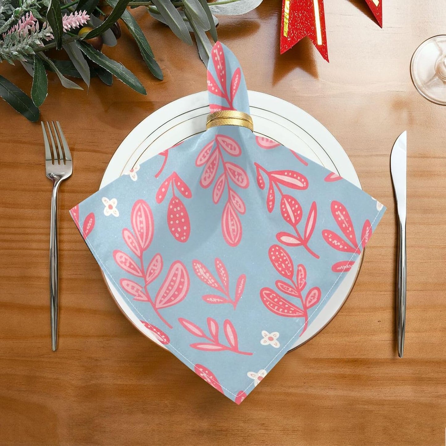 Pink Dotted Branches Pattern Cloth Napkins, Reusable Table Napkins for Parties, Home, Party Dinner Decoration, Washable, 20" x 20"