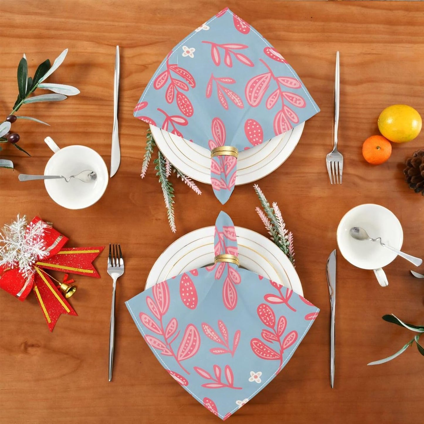 Pink Dotted Branches Pattern Cloth Napkins, Reusable Table Napkins for Parties, Home, Party Dinner Decoration, Washable, 20" x 20"