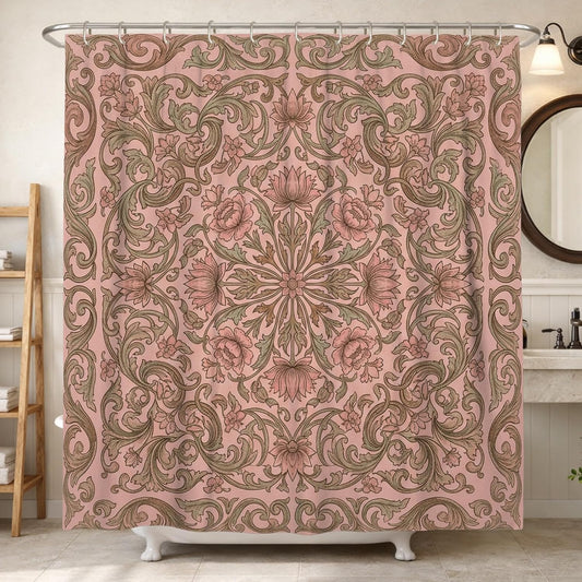 Floral Shower Curtain, Vintage Elegant Ornamental Swirl Spring Peach Waterproof Fabric Design Print Bath Curtains for Bathroom Toile Guest Room Decor 72x84 Inch