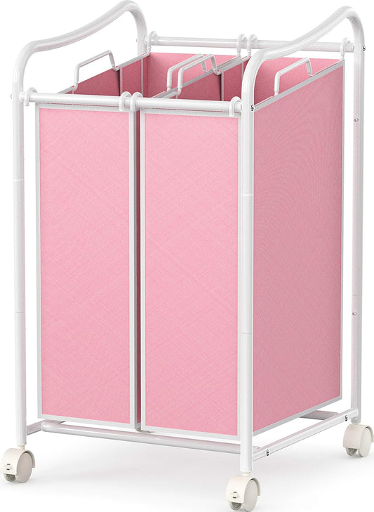 Simple Houseware 2-Bag Heavy Duty Rolling Laundry Sorter Cart, White/Pink – 2 Section Removable Bags and Lockable Wheels for Laundry Room Organization
