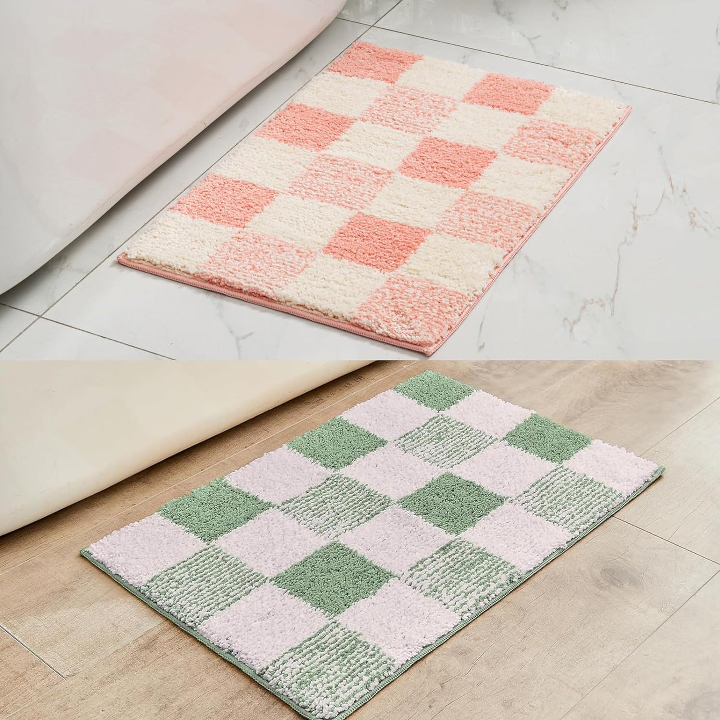 CozeCube Checkered Bath mats for Bathroom Non Slip, Fluffy Absorbent Microfiber Bath mat Washable, Aesthetic Bathroom Rugs, Cute Bath mat Set for Shower Sink, Pink Plus Green, 24" x 16