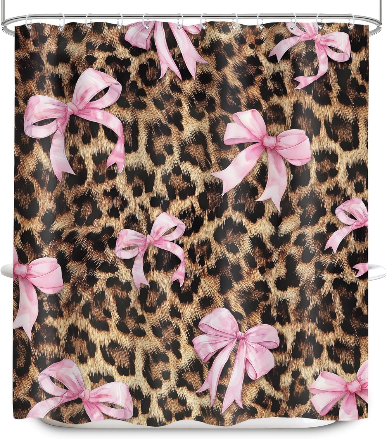 Pink Bow Leopard Print Shower Curtain 60Wx72H Inches Girly Preppy Modern Fruit Fashion Pretty Sweet for Girls Cloth Fabric Waterproof Polyester Bathroom Home Decor Set with Hooks