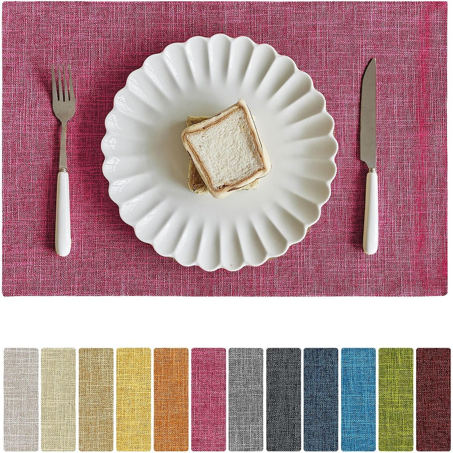 Softalker Faux Linen Placemats Set of 8-12 x 18 Inch, Heat Resistant Double Layered Durable Burlap Farmhouse Place Mats, Non-Slip Washable Rustic Table Mats for Dining, Kitchen, Party（Pink