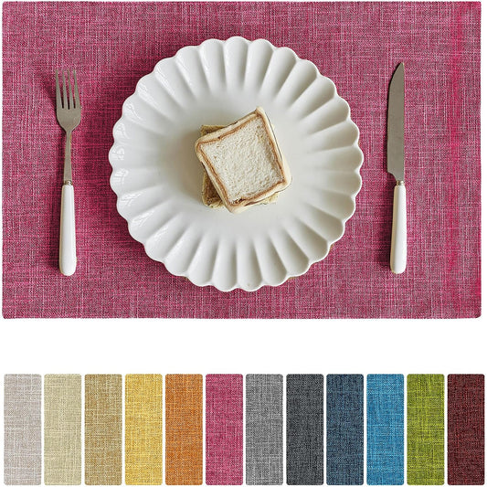 Softalker Faux Linen Placemats Set of 8-12 x 18 Inch, Heat Resistant Double Layered Durable Burlap Farmhouse Place Mats, Non-Slip Washable Rustic Table Mats for Dining, Kitchen, Party（Pink