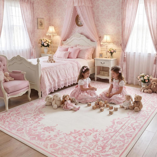 Garvee Rugs for Girls Bedroom Washable 5x7 Area Rug for Nursery Room, Non Slip Soft Low-Pile French Retro Floral Accent Throw Carpet for College Dorm Decor Kids Room Playroom, Pink
