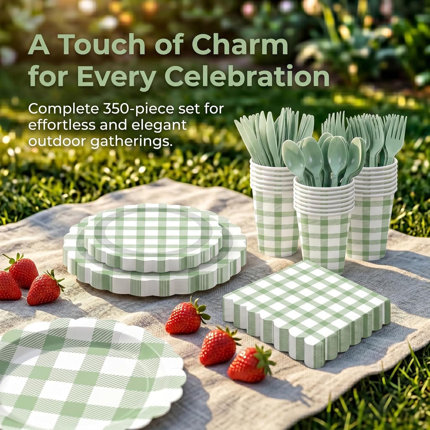 350 PCS Sage Green Gingham Party Supplies,Pink Gingham Birthday Party Set with 9" & 7" Gingham Plates, Napkins, Forks, Knives, Spoons,Perfect for Baby Shower Decorations,Wedding, Outdoor Picnic