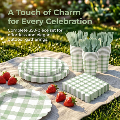350 PCS Sage Green Gingham Party Supplies,Pink Gingham Birthday Party Set with 9" & 7" Gingham Plates, Napkins, Forks, Knives, Spoons,Perfect for Baby Shower Decorations,Wedding, Outdoor Picnic