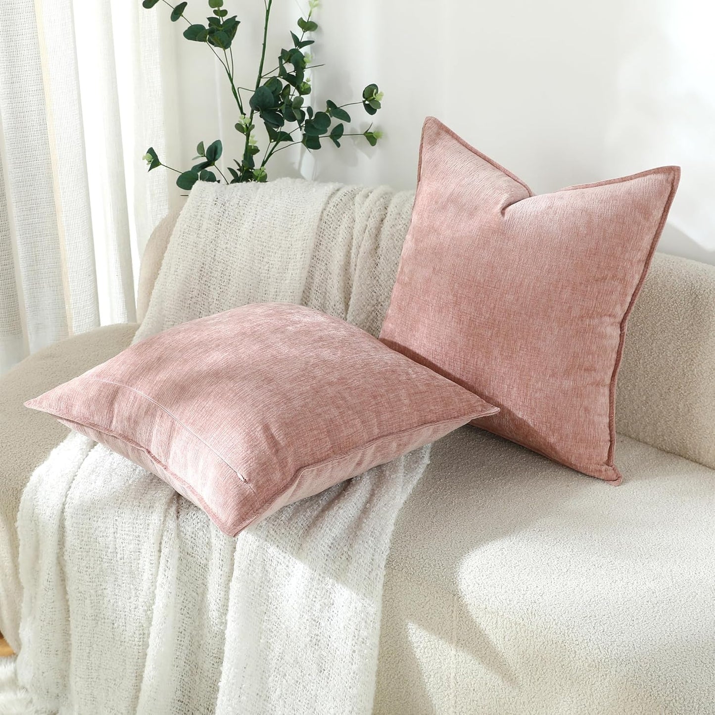 Stellhome Soft Decorative Chenille Pillow Covers 18x18 Inch Natural Pink Boho Farmhouse Neutral Couch Throw Pillows for Bed Sofa Livingroom Pack of 2 Accent Modern Pillowcase Home Decor