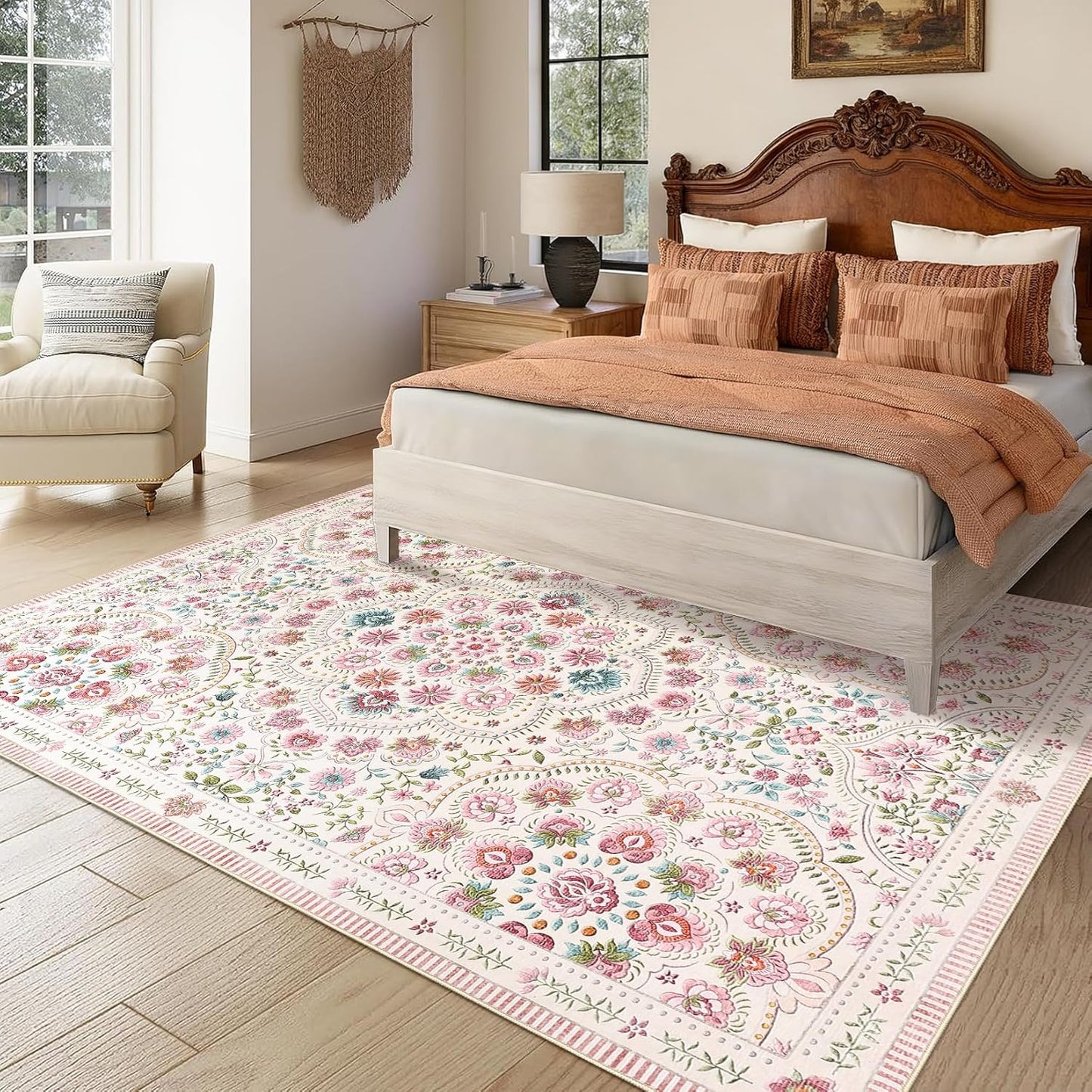 Garvee Washable Floral 9x12 Area Rugs for Living Room, Indoor Farmhouse Non Slip Girls Bedroom Rug, Ultra Soft Thin Large Carpet for Nursery Playroom, Stain Resistant Dining Room Rugs, Beige Pink