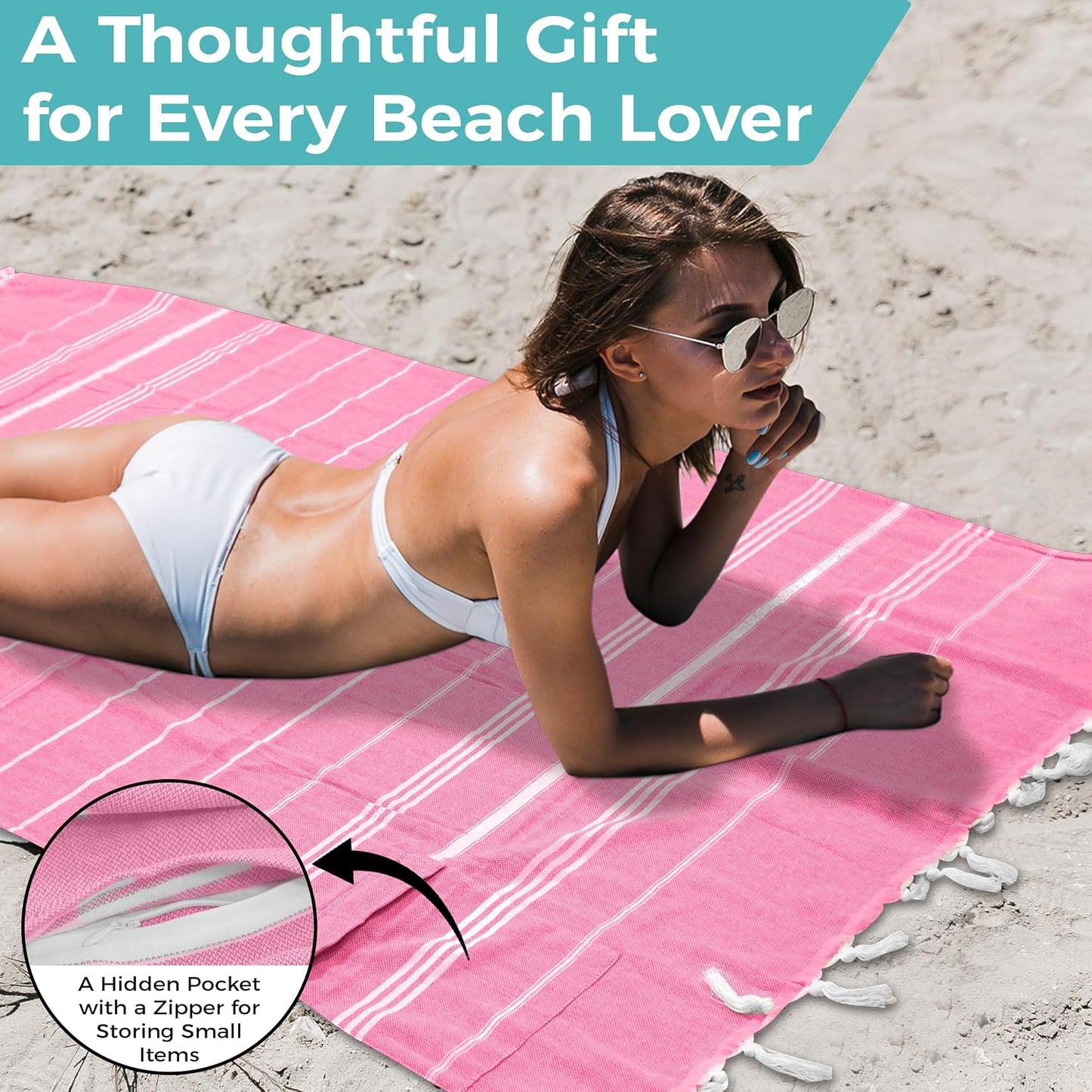 Turkish Beach Towel with Hidden Zipper Pocket 100% Cotton Oversized 72 x 37 Inches Quick Dry Sand Free Lightweight Compact for Beach, Pool, Travel, Bath, and Yoga (Light Pink)
